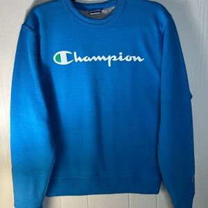 CHAMPION Powerblend
Fleece Script Logo
Sweatshirt sz S Small Balboa
Blue Sweater